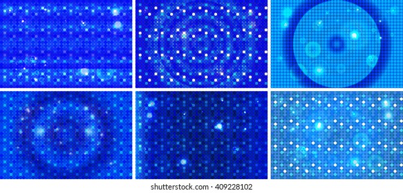 set of Bright blue background image with a round pixel grid, flares and flashes. Vector illustration. For use in printing, flyer design, wallpaper, presentations. 