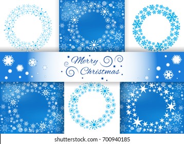 Set of bright blue background with snowflakes. Snowfall winter vector patterns. Snow falling illustration for Christmas design