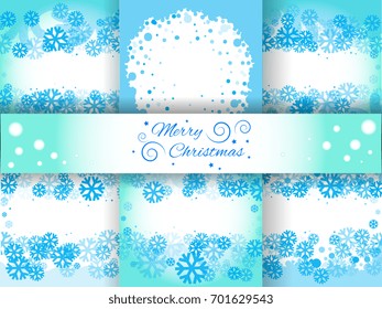 Set of bright blue background with snowflakes. Snowfall winter vector patterns. Snow falling illustration for Christmas design