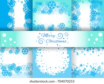 Set of bright blue background with snowflakes. Snowfall winter vector patterns. Snow falling illustration for Christmas design