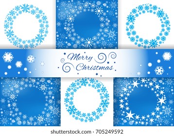 Set of bright blue background with snowflakes. Snowfall winter vector patterns. Snow falling illustration for Christmas design