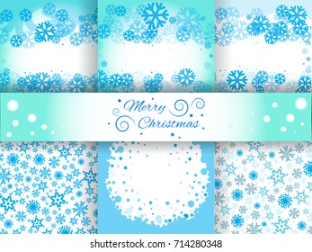Set of bright blue background with snowflakes. Snowfall winter vector patterns. Snow falling illustration for Christmas design