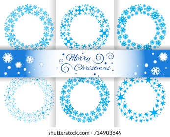 Set of bright blue background with snowflakes. Snowfall winter vector patterns. Snow falling illustration for Christmas design