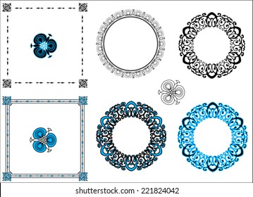 A set of bright blue and black round and square patterned antique frames or graphic elements for your design