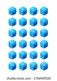 Set of bright blue glossy game cubes isolated on white background, all possible 3d dice turns for casino in isometric view