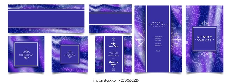 Set of Bright Blue Gradient Christmas Card Poster Templates, greeting cards, poster, banner layouts. Monochromatic Decorative Christmas design templates.  xmas  Editable Vector Illustration