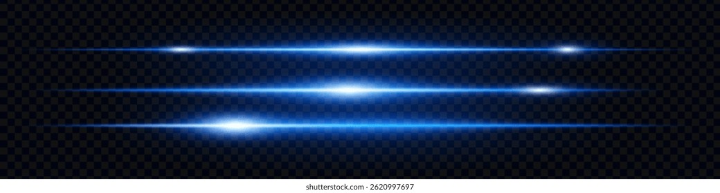 Set of bright blue horizontal lens flares glowing on transparent dark background. Futuristic neon beams, ideal for sci-fi effects, digital design, and interface elements. EPS vector illustration.