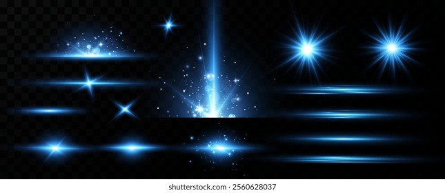 
A set of bright blue lights. Flash of light, lines, star, explosion.