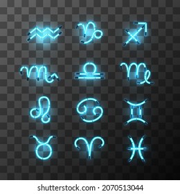 Set of bright blue neon zodiac signs, star signs for astrology horoscope on transparent background