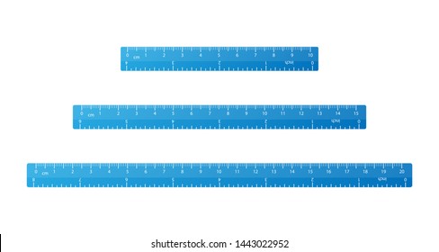 Set of bright blue school rulers with centimeter and inch marks isolated on white