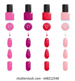 Set of bright bottle nail polish. Nail polish spill. Nail polish brush. Flat vector cartoon illustration. Objects isolated on a white background.