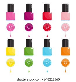 Set of bright bottle nail polish. Nail polish spill. Nail polish brush. Flat vector cartoon illustration. Objects isolated on a white background.