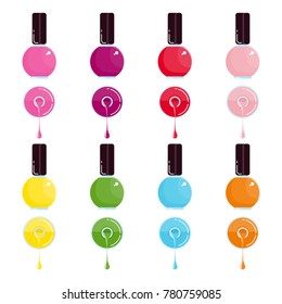 Set of bright bottle nail polish. Nail polish spill. Nail polish brush. Flat vector cartoon illustration. Objects isolated on a white background.