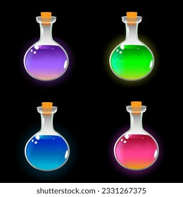 A set of bright bottles with potions, for Halloween, games, advertising, cartoon style