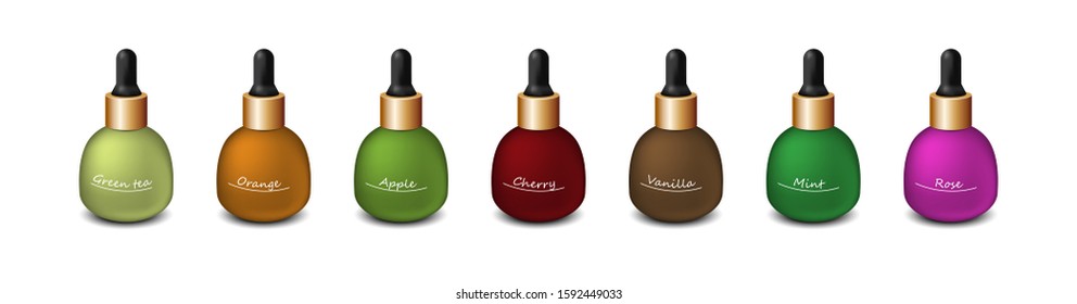 Set of bright bottles with spices and oils.