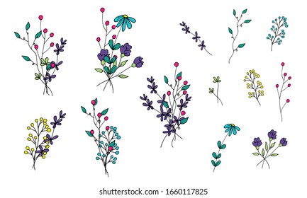 Set of bright bouquets and branches of multi-colored simple flowers in doodle style. Pink, blue, green, purple, yellow. Hand made style. Isolated objects on a white background. Vector.