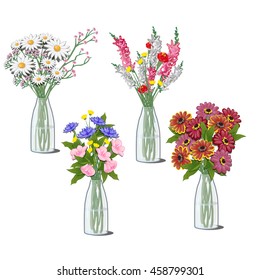 Set of bright bouquets of flowers in transparent glass vases. Vector illustration.