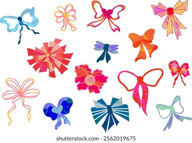 Set bright bows of different shapes with texture, on a white background