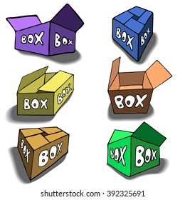 Set of bright boxes for cartoon design, multiple perspectives. Hand drawn vector illustration isolated on white. 