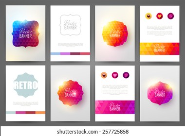 Set of bright brochures templates. Vintage frames and backgrounds.