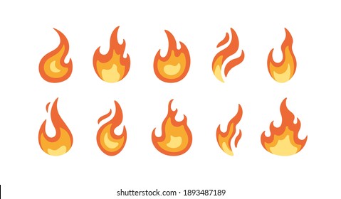 Set of bright burning flame and bonfire icons and logo design elements. Collection of simple fire warning signs of different shapes isolated on white background. Colored flat vector illustration