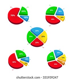 Set of bright business pie chart - Circle diagram with different percentage (5, 10, 15, 20, 25, 30, 35, 40,  60, 70) - Vector infographic template for reports and presentations