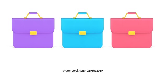 Set bright business school briefcase for documents storage and carrying decorative design 3d icon vector illustration. Collection multicolor stylish accessory with handle luggage isolated on white