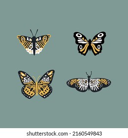 A set with bright butterflies. Flying moths. Colored winged doodle butterflies. Vector illustration