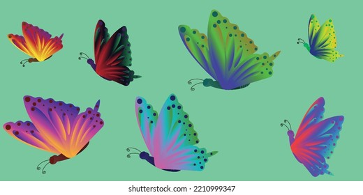 A set of bright butterflies isolated on a light green background. Vector illustration.