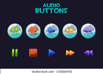 A set of bright buttons in soap bubbles for playing audio. Multicolored icons for music interface.