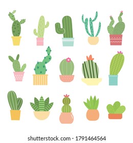 Set of bright cacti, aloe and leaves. Collection of exotic plants. Decorative natural elements are isolated on white. Cactus with flowers. Vector illustration