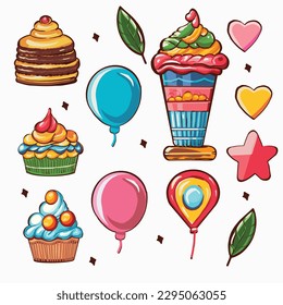 a set of bright cakes and balloons for birthday decoration