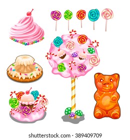 Set of bright candies, cakes and other sweets. Vector illustration.