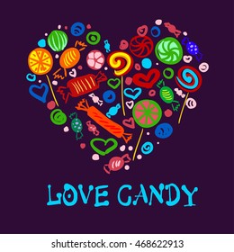 Set of bright candies in the form of heart for your advertising. Vector illustration