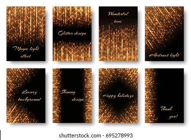 A set of bright cards with golden rays on a black backdrop. Brilliant light effect for festive decoration in vector format.