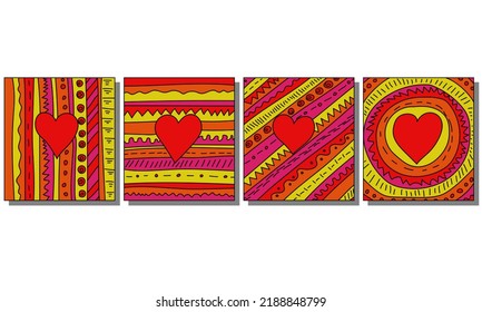 Set of bright cards with hearts, multicolored striped doodle patterns for design vector illustration
