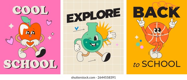 Set bright cards with kawaii characters of school supplies.Flask,ball,apple characters with happy face,cute comic characters,welcome back to school concept.Cool school for study, sport,explore. Vector