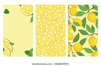 Un juego de cartas brillantes con limones. Colección de carteles en estilo de dibujos animados. Ilustración vectorial EPS10.