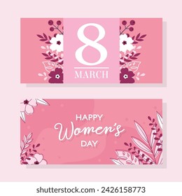 Conjunto de tarjetas brillantes para el 8 de marzo y el Día Internacional de la Mujer con diseño floral.