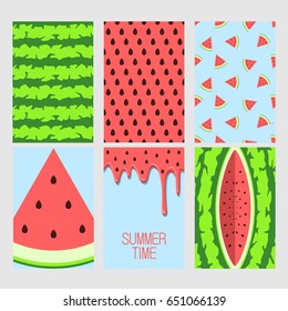 Set of bright cards. Set of watermelon on blue background. Juicy bright segments of watermelon seamless pattern, background, card, poster.