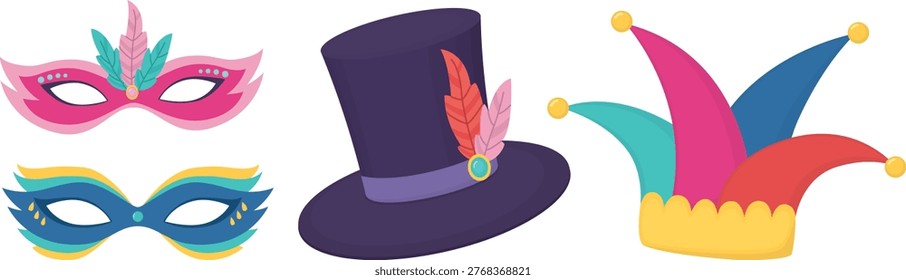 Conjunto de accesorios de carnaval brillantes. Sombrero del bufón, sombrero de copa y máscaras decorativas aisladas en blanco