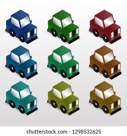 Set of bright cartoon flat-style car games. Isometric game design. Vector graphics.