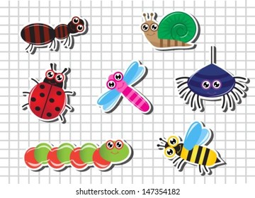 Set of bright Cartoon insects against a sheet of paper in the cage