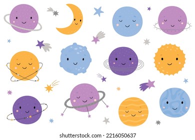 A set of bright, cartoon planets. Cute hand-drawn characters. Vector space illustration