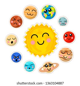 Set of bright cartoon planets of solar system with cute faces, stickers pack isolated on white