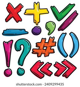 Set of bright cartoon punctuation marks and symbols, doodle, hand drawn, scribbles