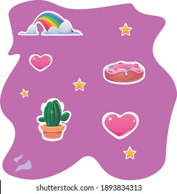 
set of bright cartoon stickers on colored background