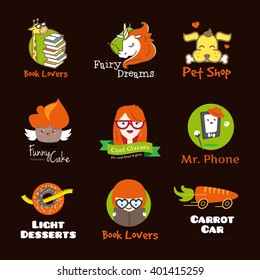 Set of bright cartoon style logos. 