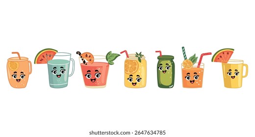set of bright cartoon summer drinks in glasses