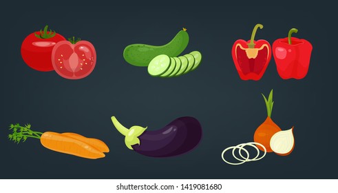 Set of bright cartoon vegetables for a menu or vegetarian cuisine. Fresh vegetables, icons for game or design